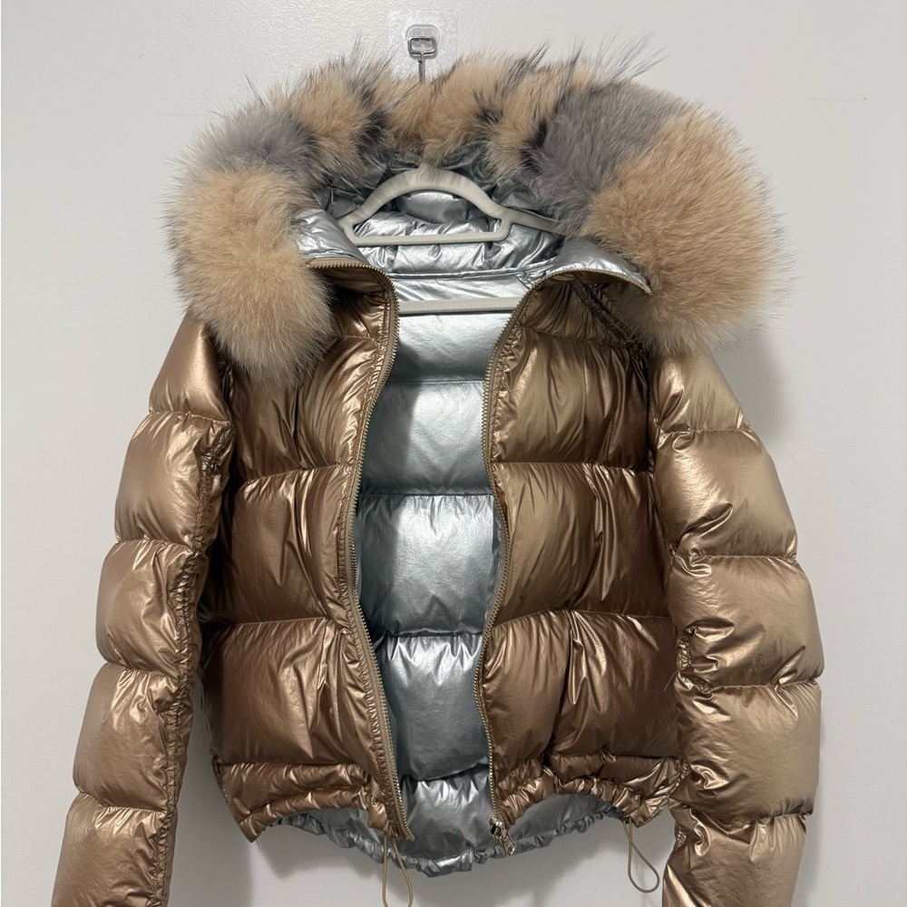 Reversible Metallic Puffer Jacket | Silver & Gold | Fur Trim Hood Size 2